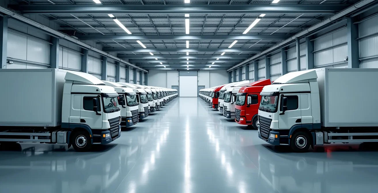 Vue aérienne minimaliste d'un garage moderne avec plusieurs baies de maintenance pour poids lourds, montrant l'organisation optimale de l'espace