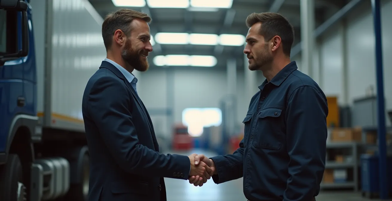 Poignée de main entre un transporteur et un responsable de garage spécialisé, symbolisant la confiance et l'engagement juridique