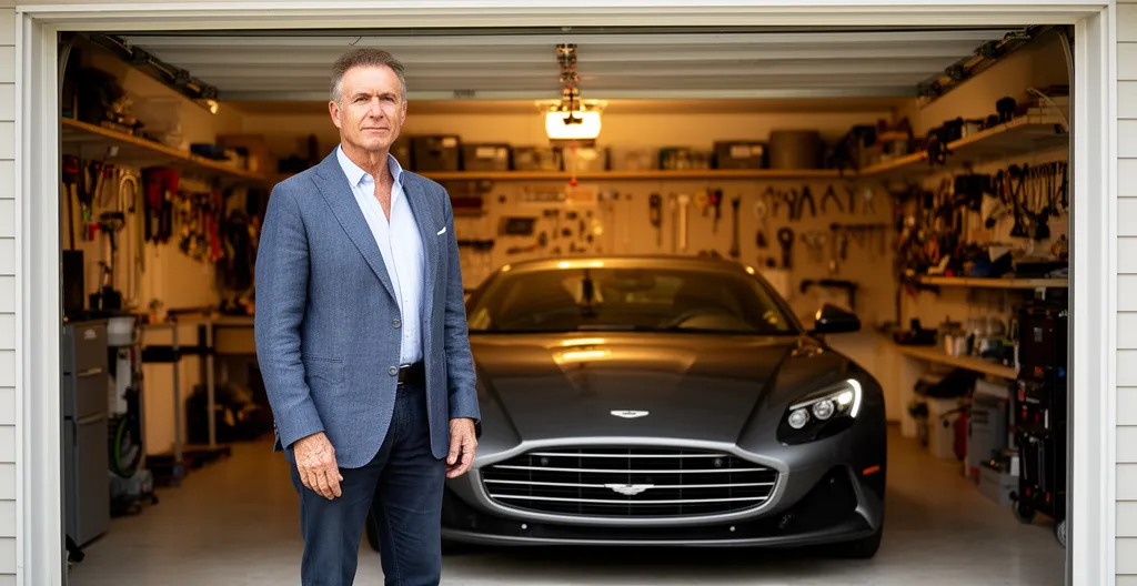 Homme cinquantaine debout à côté d'une voiture de sport dans garage résidentiel