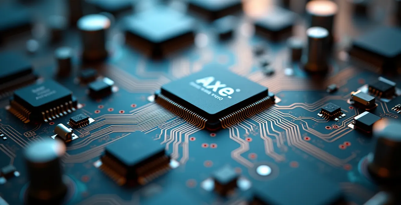 Gros plan macro sur un circuit électronique complexe de système de diagnostic pour poids lourd