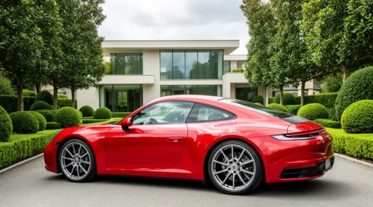 Porsche 911 garée dans allée résidentielle haut de gamme avec maison moderne en arrière-plan
