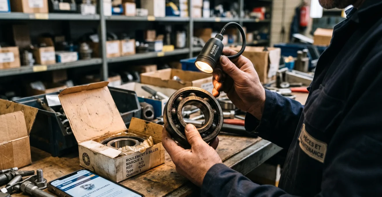 Un technicien lit la référence gravée sur la bague extérieure d'un roulement usagé pour commander la pièce identique.