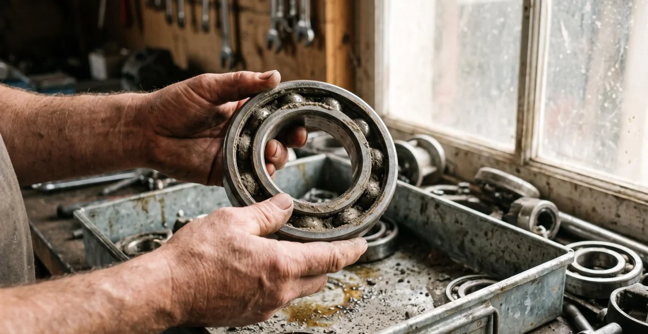Des mains tiennent un roulement ouvert contaminé par la poussière et le graisse dégradée, dans un atelier agricole.