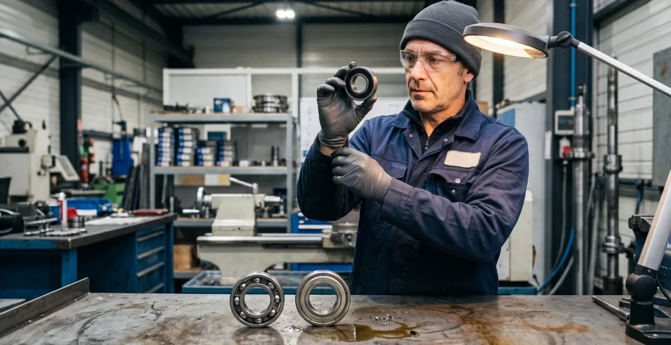 Un technicien compare un roulement étanche, un roulement à chapeaux métalliques et un roulement ouvert sur un établi d'atelier industriel.