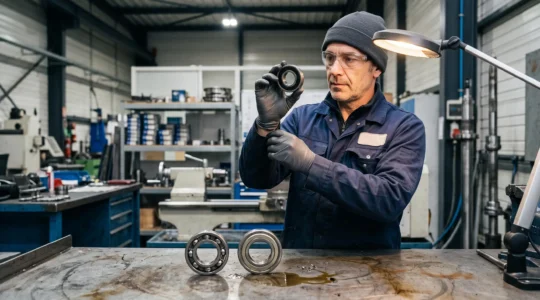 Un technicien compare un roulement étanche, un roulement à chapeaux métalliques et un roulement ouvert sur un établi d'atelier industriel.